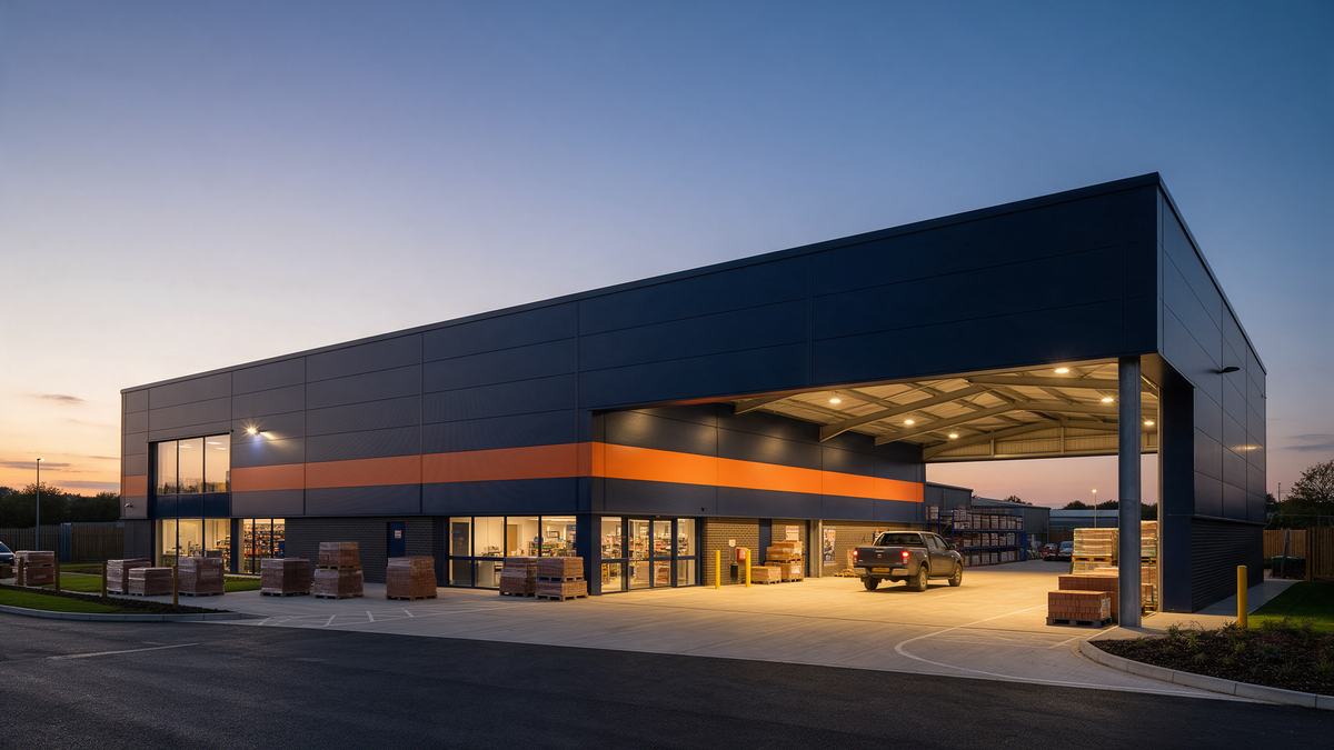 A navy and orange branch at dusk with a covered loading bay