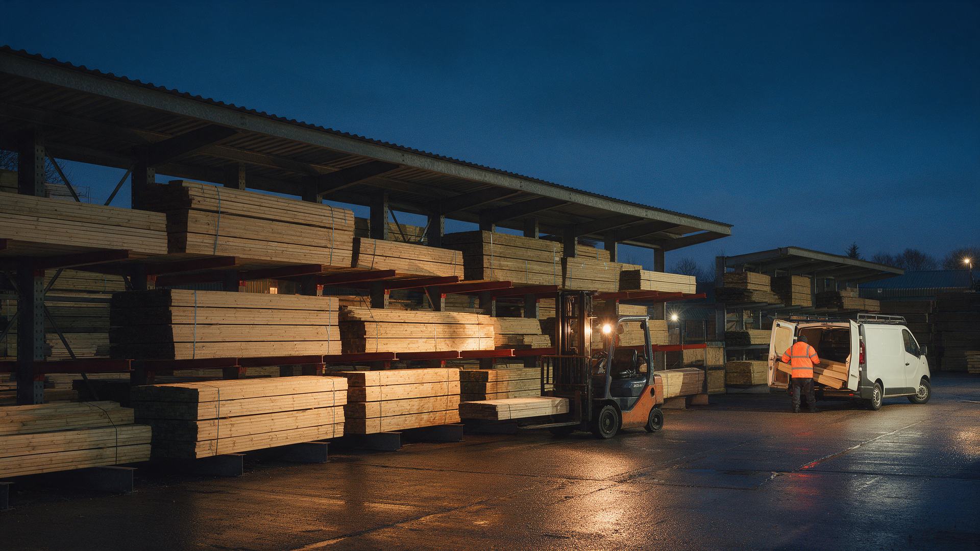 A builders' merchant timber yard at dawn, a forklift working and a tradesperson loading a van