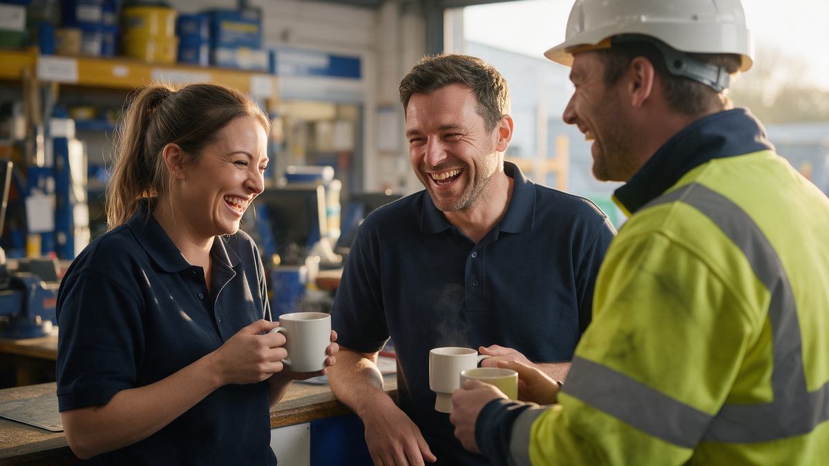 Branch staff and a tradesperson laughing over mugs of tea at the counter